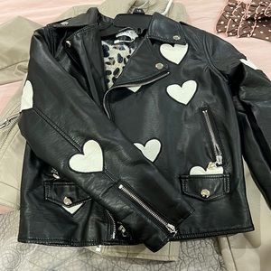 Girls faux leather jacket black with white heats perfect for Valentine’s Day!
